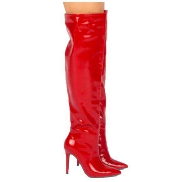 Shoes - Red Patent Leatherette Knee Hi Boots